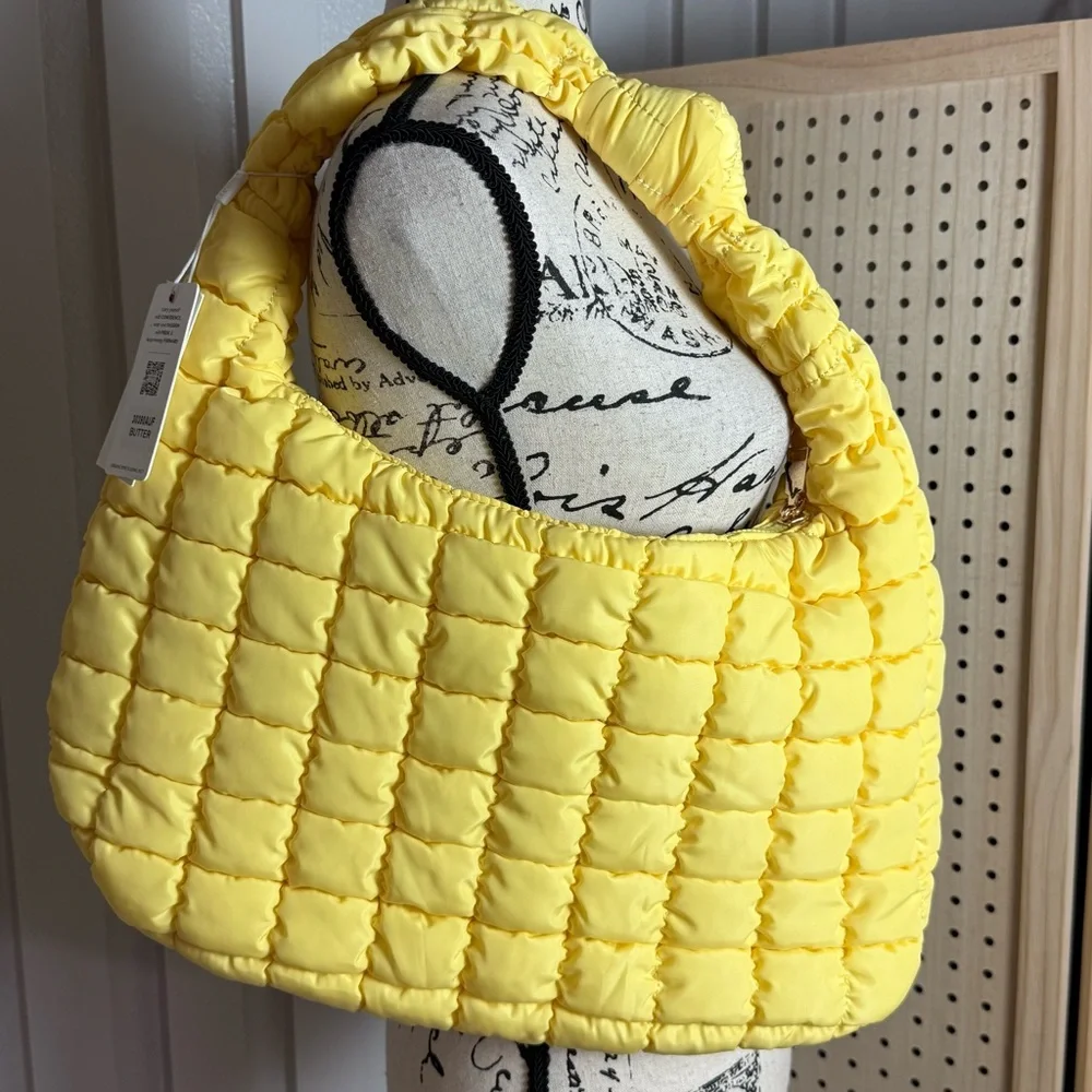 Urban Expressions Butter Yellow Puffer‎ Shoulder Bag Quilted Tote Vegan Trendy